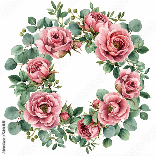 Watercolour of pink flowers and eucalypts wreath isolate on white background