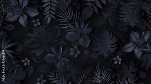 Monochromatic vector background with scattered abstract black leaves, flowers and other botanical elements. Random cutout dark tropical foliage collage, ornamental texture, cute decorative pattern photo
