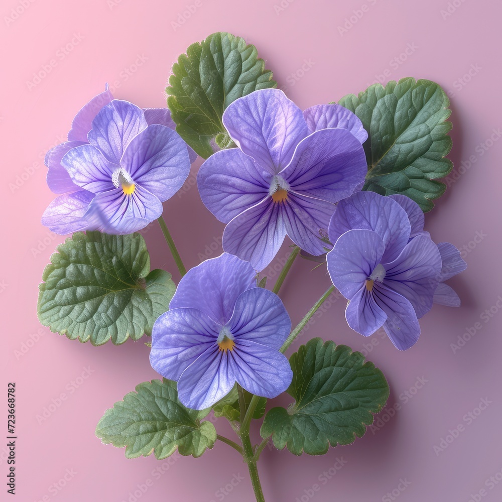 Violets Flowers On Green Pink Background On White Background, Illustrations Images