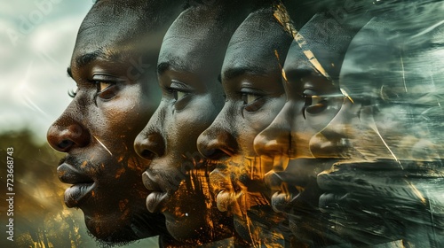 Artistic, layered profile images of an African man's face, conveying depth, identity, and emotion against a textured backdrop.