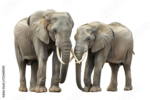 Two majestic elephants, one indian and one african, stand tall with their impressive tusks on display, embodying the beauty and power of terrestrial mammals in the wild
