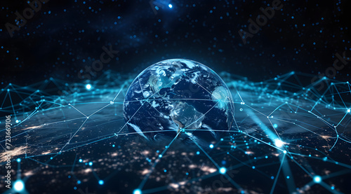 Illustration of global network connections and communication technology for internet business and telecommunication, featuring earth connector, earth map, and a 3D globe with an electronic network.
