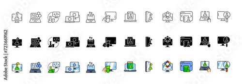 Bioengineering icon collection. Linear, silhouette and flat style. Vector icons