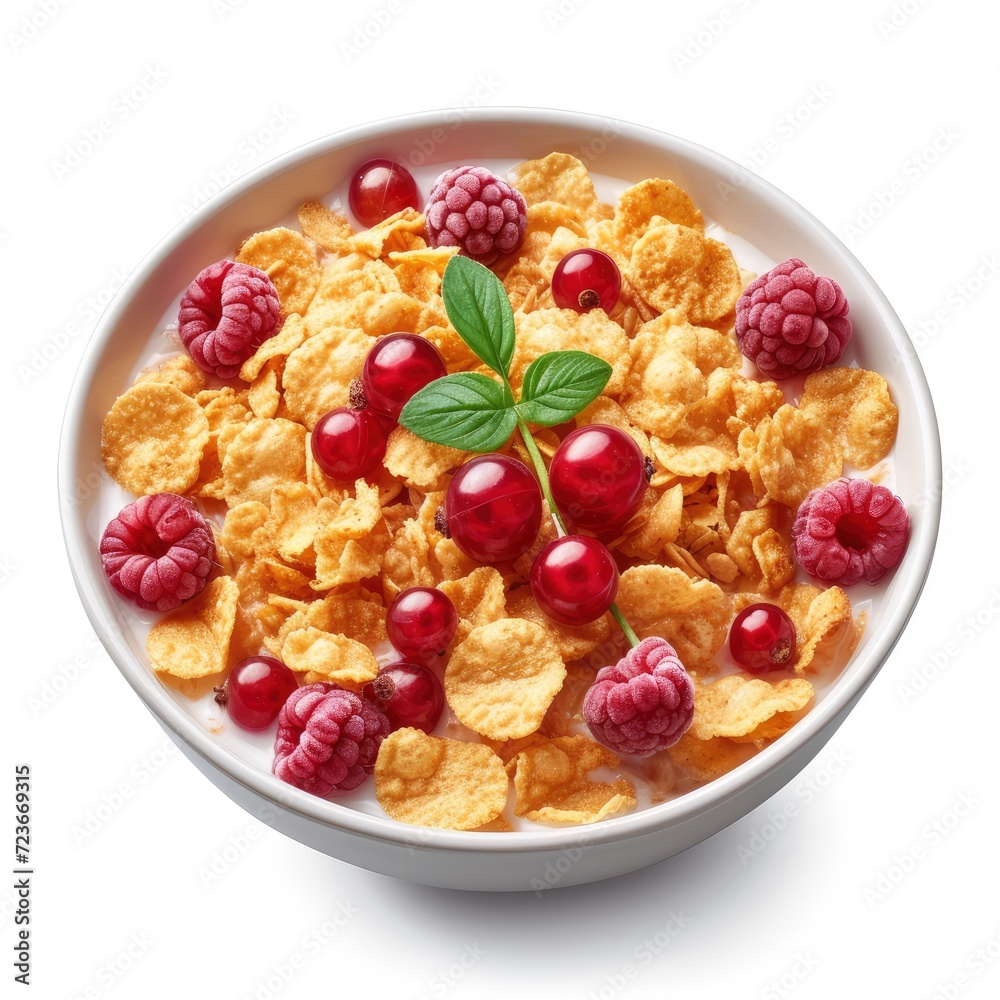 Wheat Flakes Porridge Milk Raspberry Currant On White Background, Illustrations Images Wheat Flakes Porridge Milk Raspberry Currant On White Background, Illustrations Images
