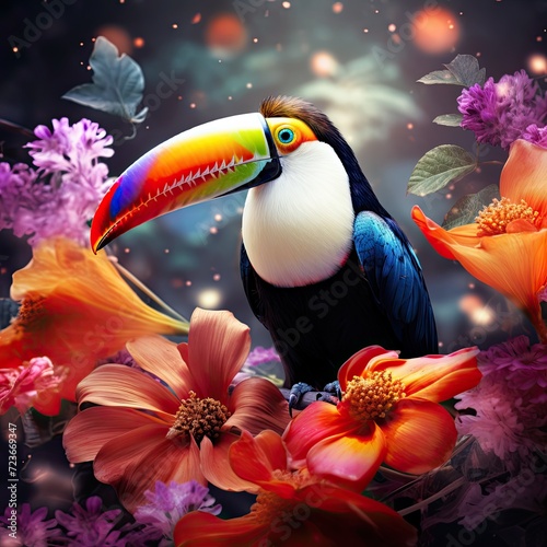 Brightly colored parrot perched on a flower