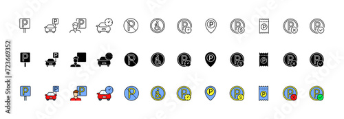 Parking icon collection. Linear, silhouette and flat style. Vector icons
