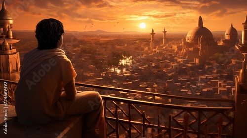 the man sits on a ledge overlooking a city as the sun goes down. Digital concept, illustration painting. photo