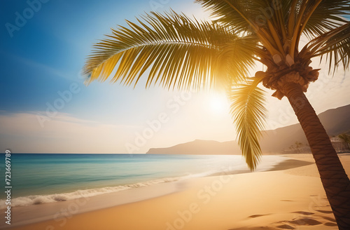Palm tree on the beach  golden sand in the background of the sea and sky  free space for an inscription
