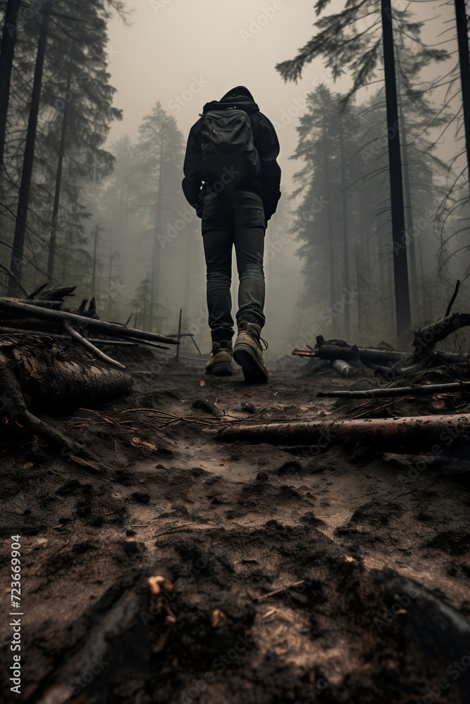 Amidst the misty winter woods, a lone hiker treks through the forest, their sturdy boots crunching on the ground beneath the towering trees Amidst the misty winter woods, a lone hiker treks through the forest, their sturdy boots crunching on the ground beneath the towering trees