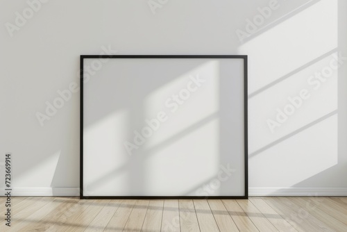 a blank white poster mockup frame with dark border in a modern and bright interior space