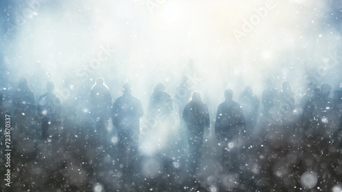 snowfall, crowd of people view from the back. abstract silhouettes winter blurred background copy space © kichigin19
