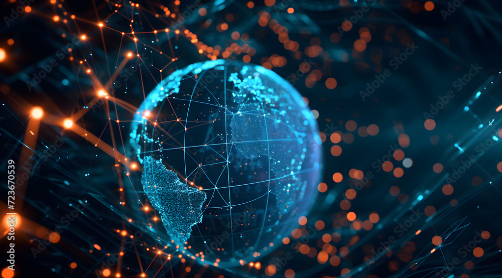 Obraz premium Illustration of global network connections and communication technology for internet business and telecommunication, featuring earth connector, earth map, and a 3D globe with an electronic network.