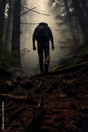 A lone hiker braves the foggy forest, bike in tow, as they traverse the muddy ground, surrounded by towering trees and untouched nature