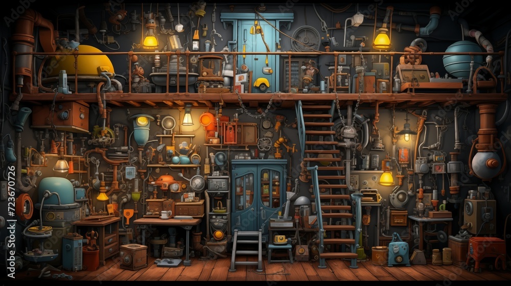 steampunk room with many different types of items on it. Digital concept, illustration painting.