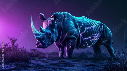 A neon rhino standing tall on the horizon its horn shining bright in the night. photo