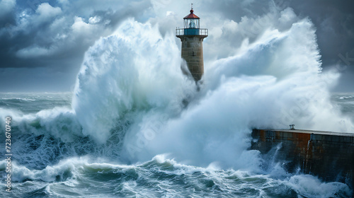 Big stormy waves crashing on the breakwater with lighthouse in background. 