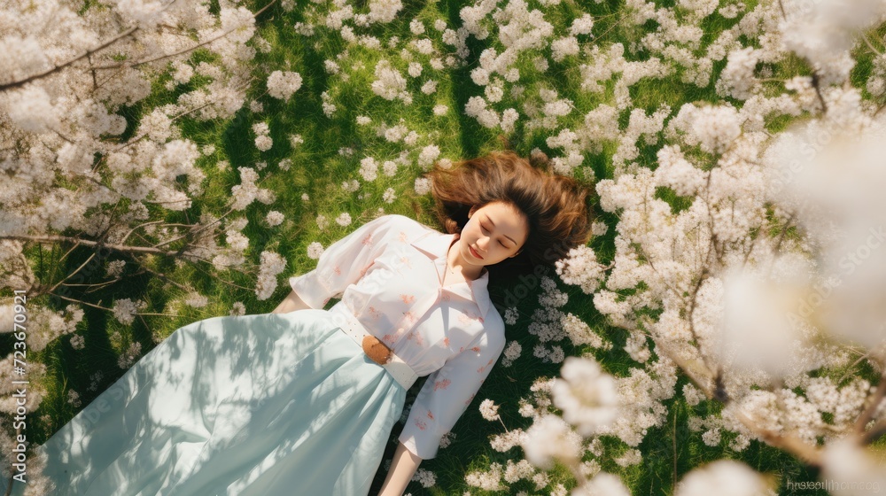 Spring time travel, beautiful woman laying down on under booming cheery blossom flowers in spring time, Japan travel, AI generated, copy space for text Spring time travel, beautiful woman laying down on under booming cheery blossom flowers in spring time, Japan travel, AI generated, copy space for text