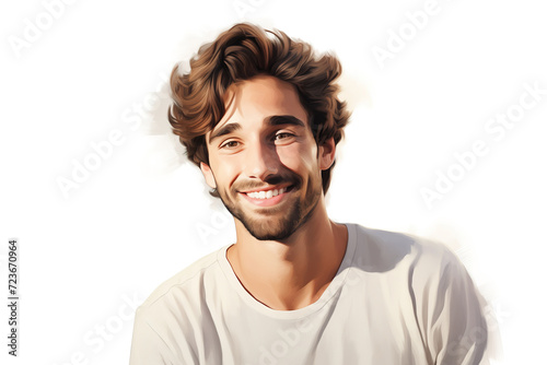A bearded man radiates joy through his warm smile, his face framed by his neatly groomed hair and defined jawline, exuding confidence and charm in his carefully chosen clothing photo