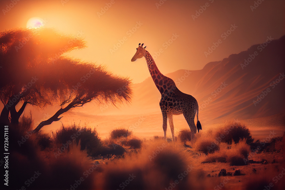 Silhouette of a giraffe in the savanna against the backdrop of the setting sun. AI generated