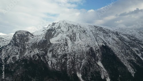 View a beautiful mountain range with snow during winter. Mountain for alpine climbers. Adventurous lifestyle. photo