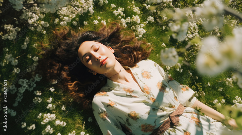 Spring time travel, beautiful woman laying down on under booming cheery blossom flowers in spring time, Japan travel, AI generated, copy space for text Spring time travel, beautiful woman laying down on under booming cheery blossom flowers in spring time, Japan travel, AI generated, copy space for text
