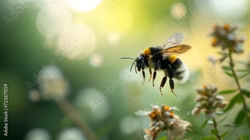 Close-Up of a Bumblebee Pollinating White and Yellow Flowers Amidst Lush Greenery Under Soft Sunlight