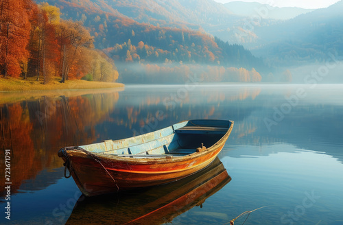 little red boat in a lake with mist