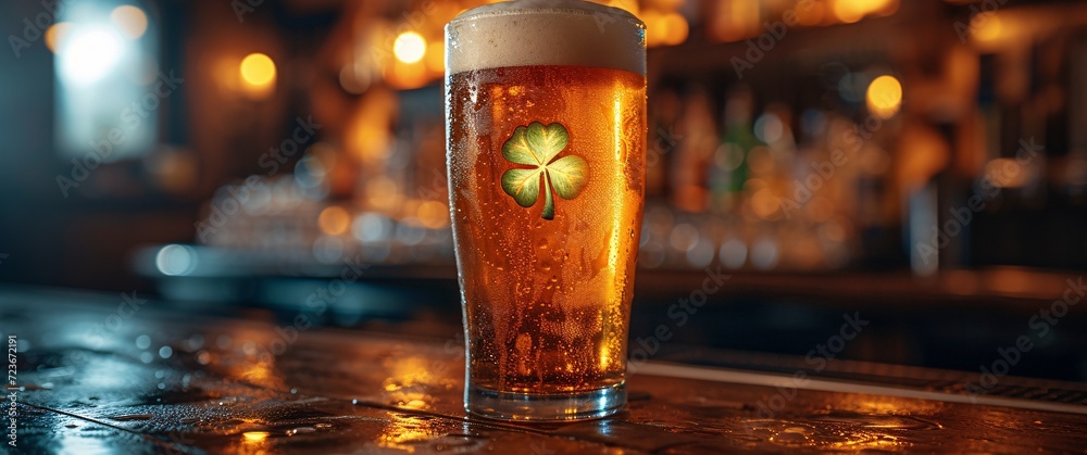 Naklejka premium St. Patrick's Day Celebration: A Glass of Beer with a Shamrock Generative AI