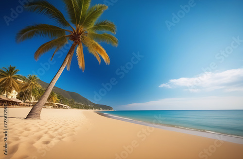 Palm tree on the beach  golden sand in the background of the sea and sky  free space for an inscription