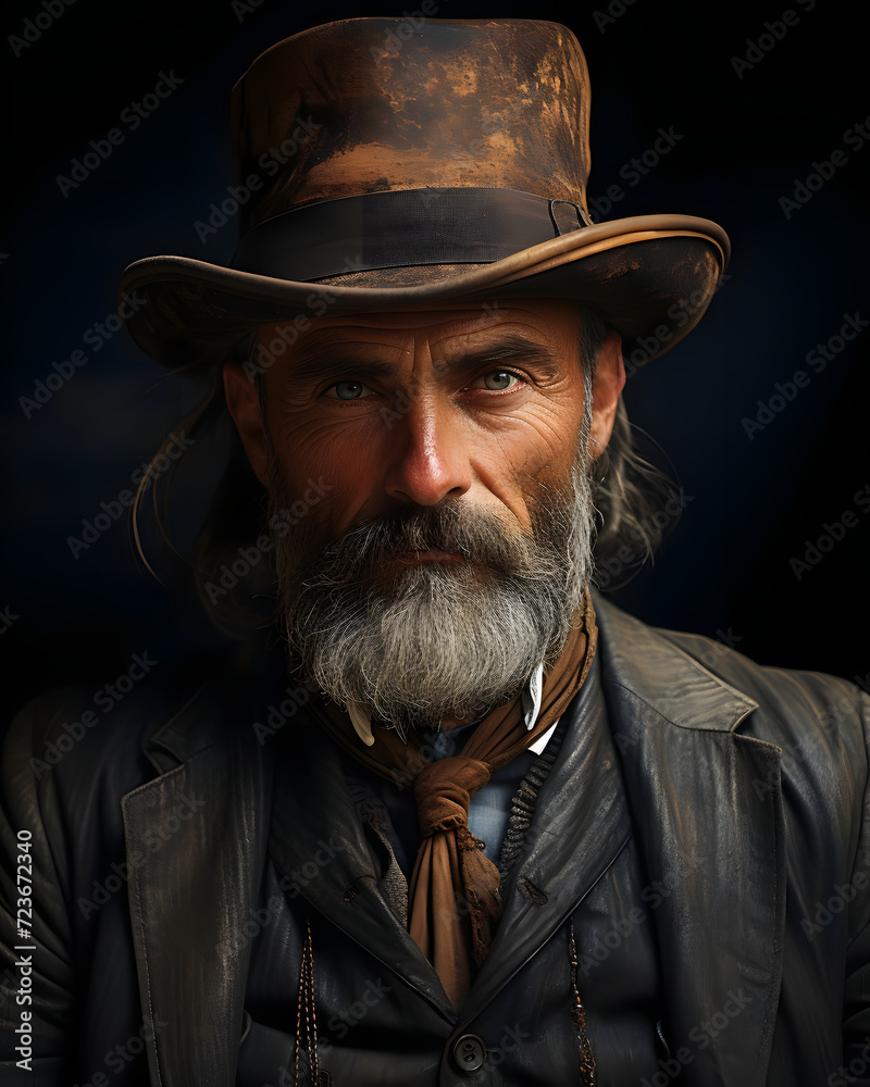 Portrait of Old Rough Western Cowboy with Gray Beard and Wearing Brown Hat Portrait of Old Rough Western Cowboy with Gray Beard and Wearing Brown Hat