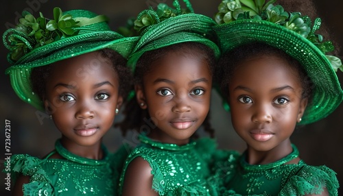 St. Patrick's Day Celebration: Three Little Girls in Green Hats and Dresses Generative AI