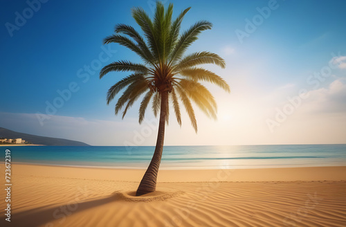 Palm tree on the beach, golden sand in the background of the sea and sky, free space for an inscription