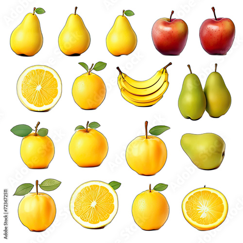 Set of yellow fruits isolated on white