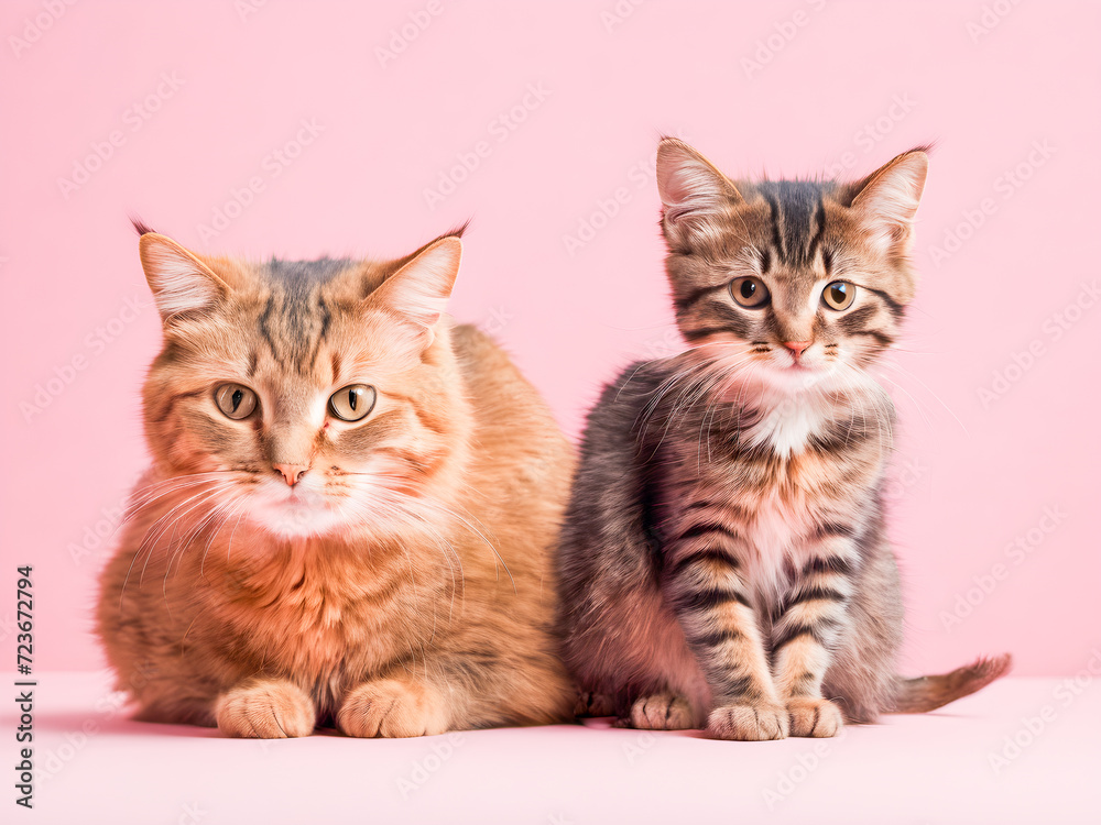 Two maine coon kittens sitting on pink background. Studio shot.