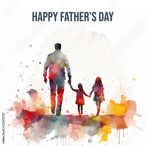 father leads his daughters by the hand, father's day card, watercolor style