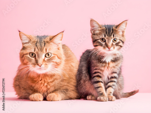 Two maine coon kittens sitting on pink background. Studio shot.