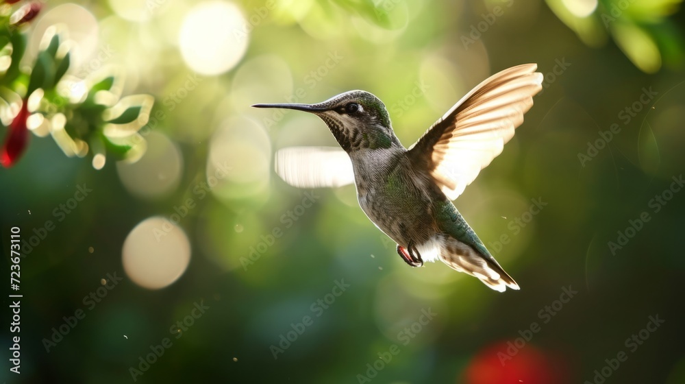 Fototapeta premium Graceful Hummingbird Hovering Near Blooming Flowers, Illuminated by Sunlight Through Trees