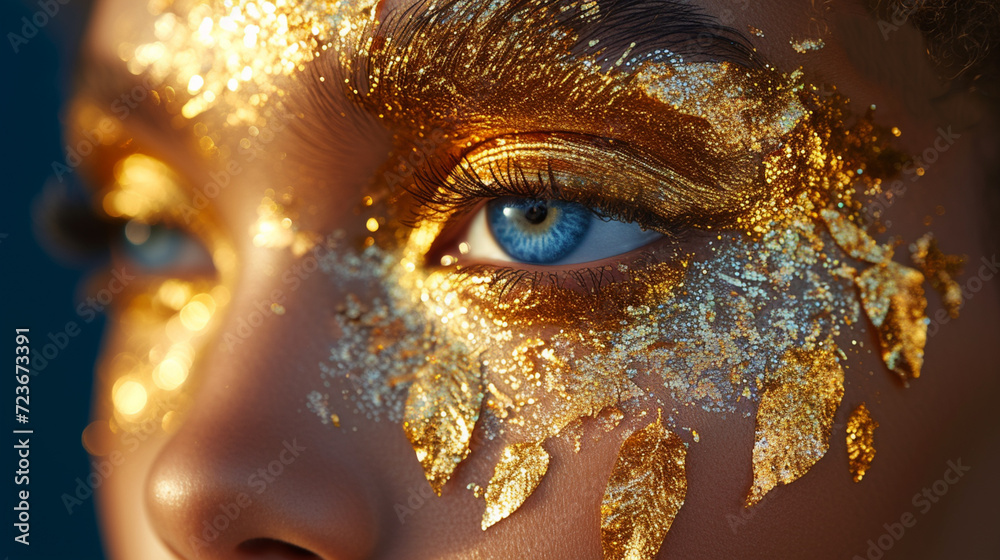 A high-fashion beauty look with a sharp, metallic gold leaf design across the face and neck, A high-fashion beauty look with a sharp, metallic gold leaf design across the face and neck,