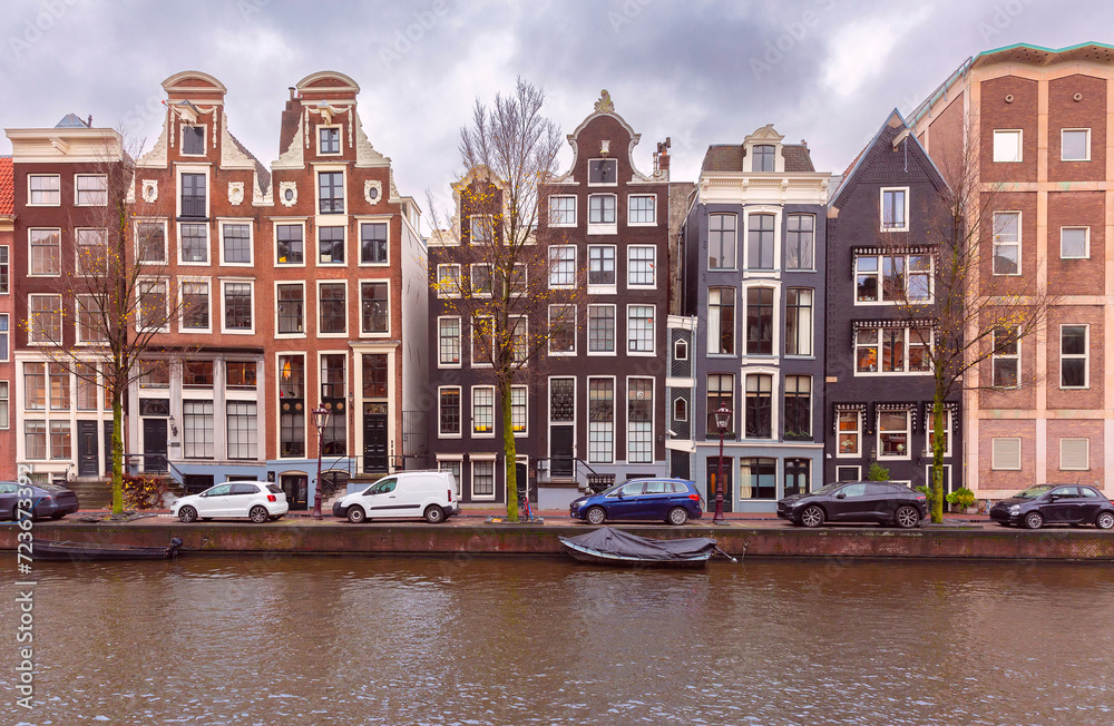 Amsterdam canal Herengracht with typical dutch houses, Holland, Netherlands.