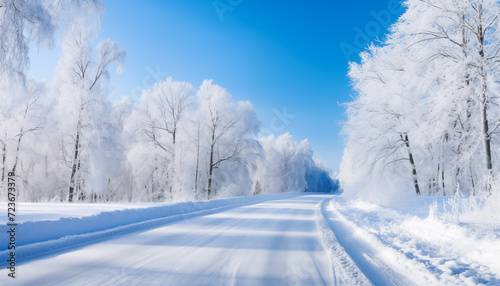 Frozen road through snowy forest in winter with the blue sky. Straight asphalt road goes into the distance. There are snow-covered trees on both sides of the road. Positive scenery. © NADEZHDA