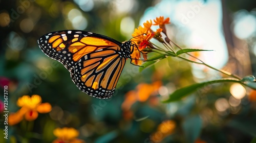 Monarch Butterfly Perched on Orange Flowers in Sunlit Garden