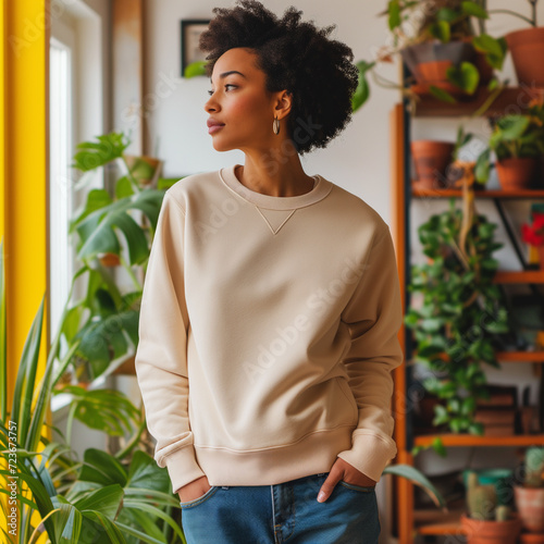 Beige Sweatshirt Mockup, Black Woman, Girl, Female, Model, Wearing a Beige Oversized Sweatshirt and Blue Jeans, Fitted Blank Shirt Template, Standing in a Room with Plants, Close-up View