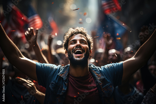 Ecstatic Man joyfully raises his hands up in the air, expressing a sense of liberation, Celebrating Freedomas, as sun casts a warm glow on the scene. © sommersby