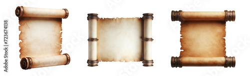 Set of antique blank scrolls. Rough torn edges. Old paper texture. Beige paper. Cream Paper. Brown Paper. Papyrus style. Isolated transparent Background PNG. Premium pen tool cutout set 1 photo