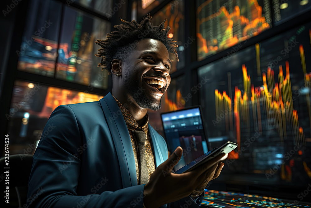 Exuberant Trader Celebrating Success in a High-Tech Financial Hub at Night Exuberant Trader Celebrating Success in a High-Tech Financial Hub at Night
