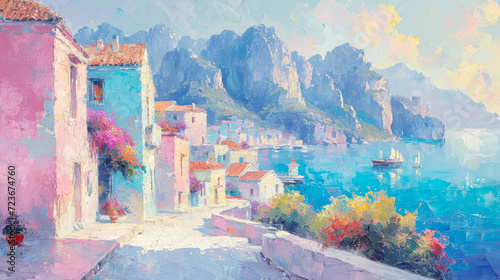 Fotografia A vibrant French Riviera seascape painting, featuring pastel-hued buildings and blooming flowers against a backdrop of majestic cliffs and tranquil azure waters