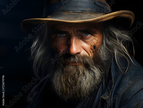 Portrait of a Bearded Old Cowboy Wearing a Hat against a Dark Background. Wild Western Man photo