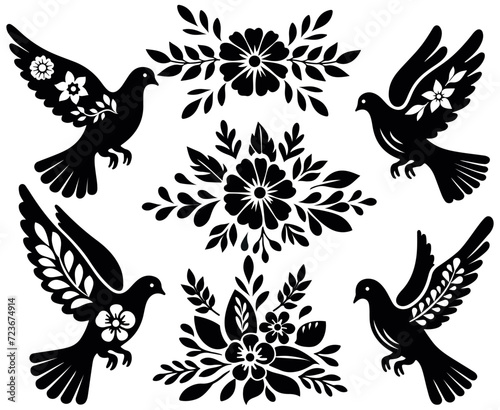 Silhouette of doves and flower arrangements, set of vector files for cutting, printing and design.