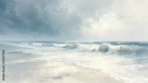 Dynamic brushstrokes capture the brooding North Sea, its turbulent waves meeting a tranquil shore under a tempestuous sky.