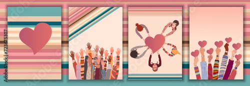 Group of raised hands of multicultural women holding red heart shape. International women's day. Women in a circle. Diversity - inclusion - equality or empowerment concept. Template poster banner
